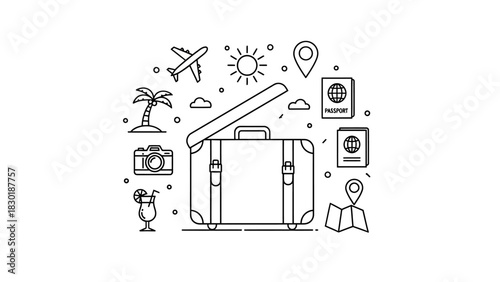 Planning vacation with luggage and summer symbols, travel theme illustration in minimalist design