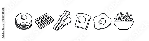 Collection of popular breakfast food icons including pancakes, waffles, bacon, toast, fried egg and french fries for culinary websites and menus