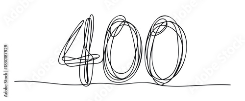 Single line drawing of the number 400 in black ink on a white background for use in various graphic projects and conceptual ideas about quantity.