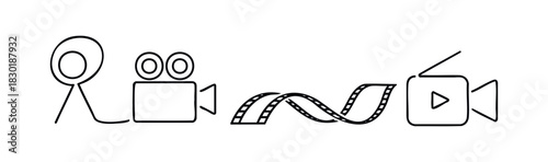 Simple line art icons representing a film reel, camera, and play button for movie production and video content creation, perfect for media related projects.