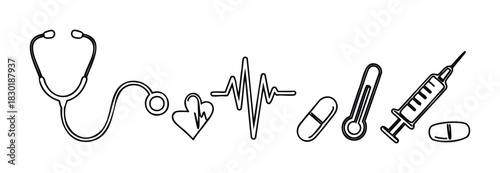 Medical and healthcare symbols including a stethoscope, heart rhythm, capsule, thermometer, and syringe for medical services and research applications