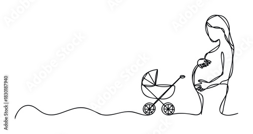 Pregnant woman holding belly next to baby carriage, symbol of motherhood and new life, ideal for pregnancy announcements, parenting resources, and family planning services.