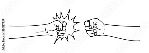 Two fists colliding with motion lines representing impact and energy for concepts of confrontation, competition, or conflict in a graphic style for use in presentations and marketing