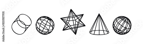 Set of five geometric shapes including interlocking rings, spherical grid, star shape, cone, and another spherical grid for abstract visual projects