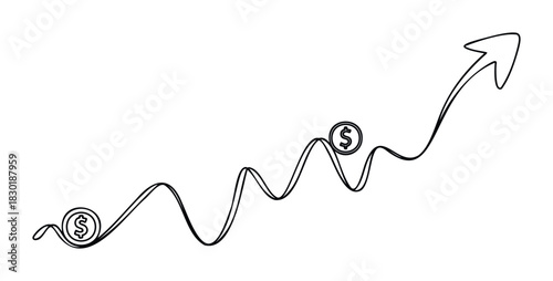 Hand drawn continuous line graph with dollar coins representing financial growth and upward trend for economic success and investment concepts.