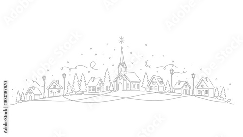 Minimalist winter village line drawing with church steeple and star serene landscape