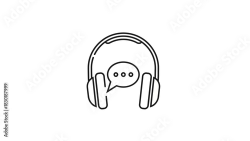 Minimalist vector illustration of headphones with speech bubble for communication and support call