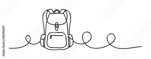 Hand drawn continuous line graphic of a backpack with whimsical trailing lines suggesting movement or travel, perfect for concepts of adventure and exploration.