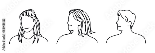 Minimalist line drawing of three faces in profile and frontal view, ideal for branding, marketing and concept visualizations.