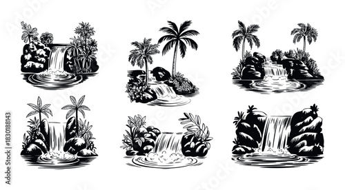 Collection of striking black and white jungle waterfall scenes with palm trees and lush foliage, perfect for tropical themes and natural landscape presentations.