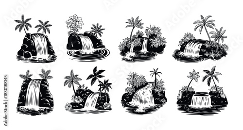 Tropical paradise waterfall vector collection with lush foliage and palm trees for exotic vacation and nature themes