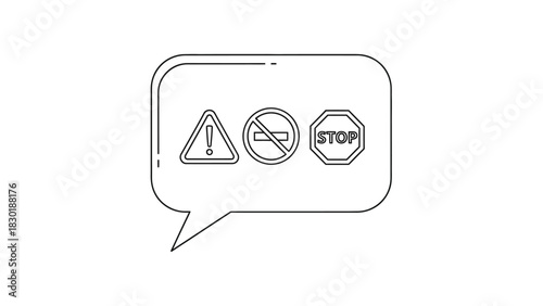 Minimalist graphic design illustrating essential warning icons within a speech bubble format