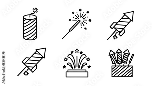 Minimalist Fireworks Icon Set: Celebrating New Year's Eve and Festive Occasions with Sparklers and