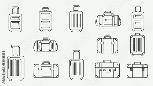 Line art luggage collection showcasing various types of travel bags, cases and suitcases