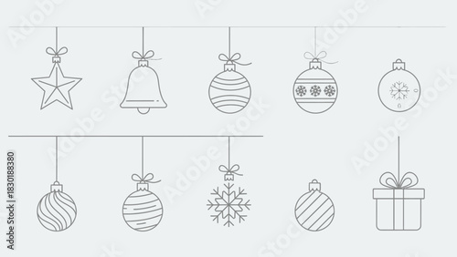 Line art Christmas ornament garland featuring bell, star, gift and baubles decorations