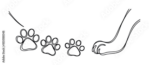 Whimsical line art depicting paw prints moving away from a pets paw, perfect for animal care themes and pet product promotions.