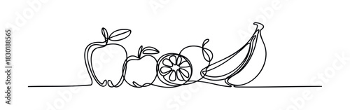 Continuous line drawing of fresh fruits including apples, orange slice, and banana conveying healthy eating and natural nourishment for food or wellness projects