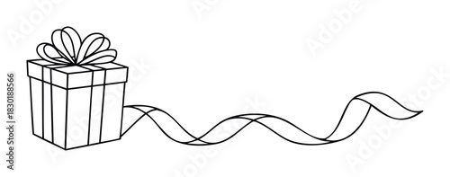 Black outline sketch of a gift box with a ribbon for celebration, holidays, and surprises, perfect for greeting cards and party invitations.