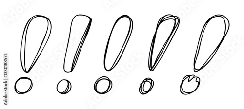 Hand drawn exclamation points in various styles and sizes for emphasis and excitement, perfect for graphic projects and design work.