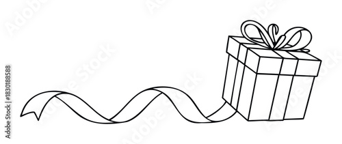 Gift box with flowing ribbon for celebrations like birthdays or holidays, perfect for promotions and greetings, conveying joy and surprise, a simple line drawing suitable for various
