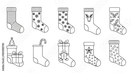 Festive vector illustration featuring ten unique Christmas stockings with varied decorations and