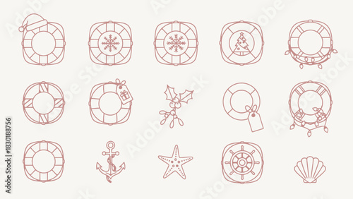 Festive nautical icons featuring christmas elements combined with maritime safety equipment imagery