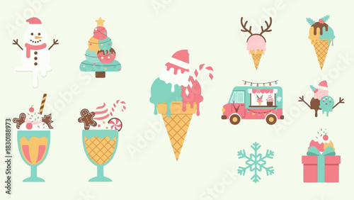 Festive christmas themed ice cream illustrations creating a whimsical holiday dessert collection