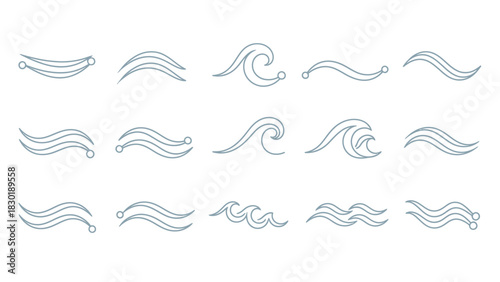 Elegant aquatic wave icon set for graphic design and decoration in nautical concepts