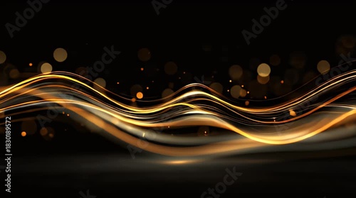 A dark background with flowing gold lines and bokeh effects. The curves add movement, with gentle gradients and subtle glow, creating an elegant visual