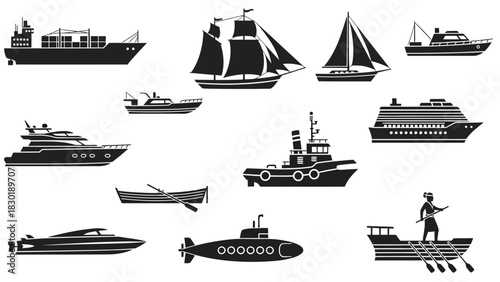 Diverse nautical vessels in striking black silhouettes on a clean white background showcasing