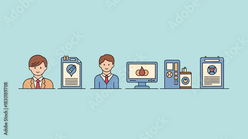 Diverse professional icons representing tasks, documents, and digital presence in stylized format