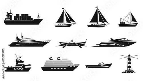 Diverse collection of nautical vessel icons representing various maritime transportation