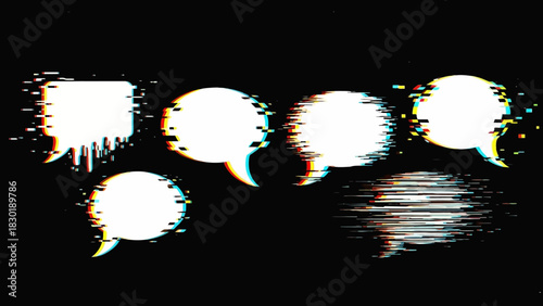 Digital glitch art concept featuring damaged communication bubbles for design projects