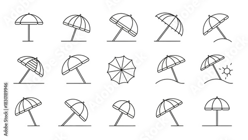 Delicate line art illustration showcasing various beach umbrellas in different orientations
