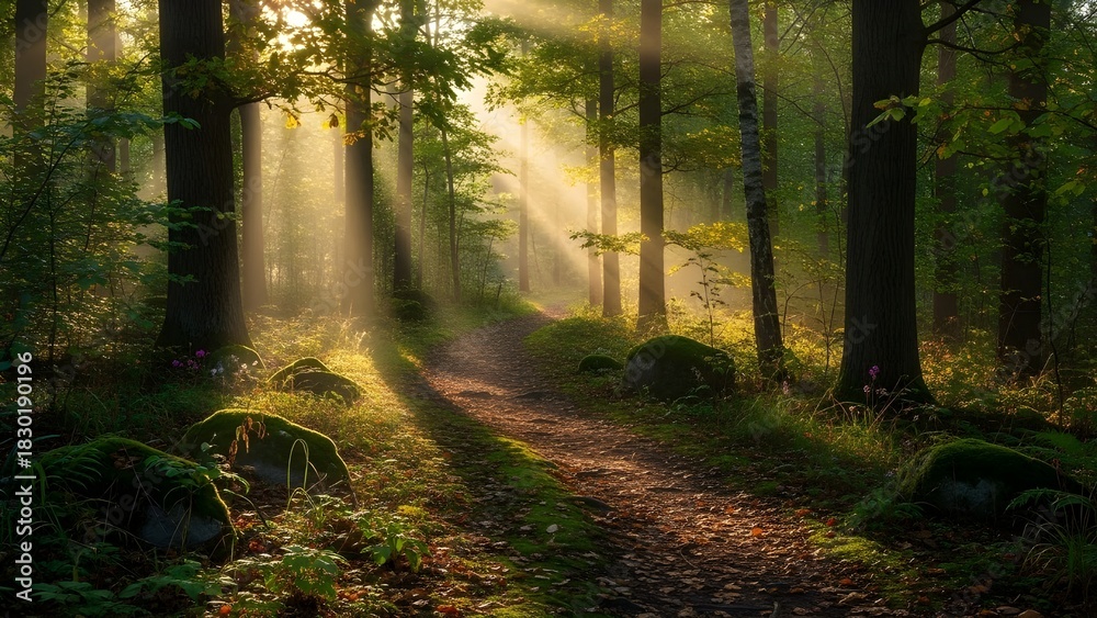 Naklejka premium A beautiful, mystical forest scene with a dirt path winding between tree trunks. Dramatic golden sunbeams (crepuscular rays) cut through the mist, illuminating the path and green foliage. Peaceful and