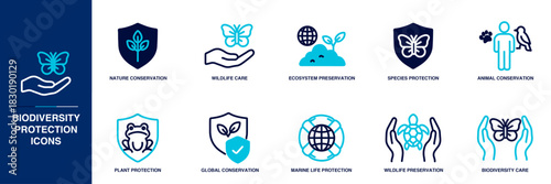 Biodiversity Protection Blue Colored Outline Icon Set