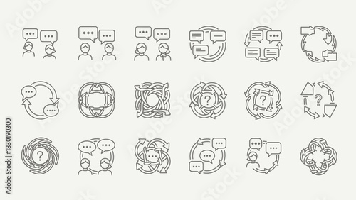 Communication and feedback icons set, conversations, messaging and process workflow representation