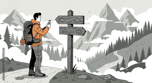 Man photographing scenic mountain landscape near trail direction signpost illustration