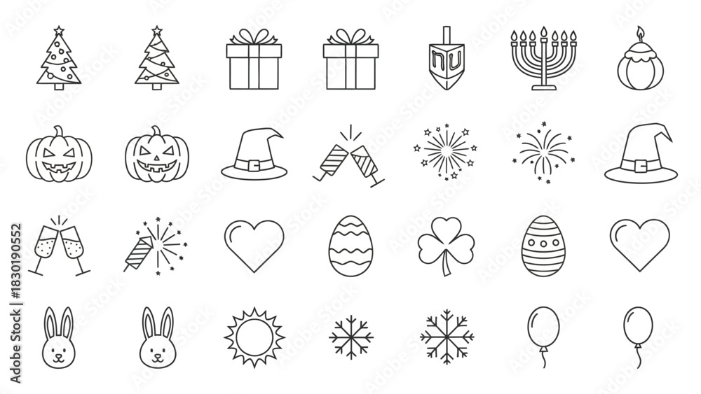 Fototapeta premium Collection of holiday symbols and celebration elements in linear vector style design
