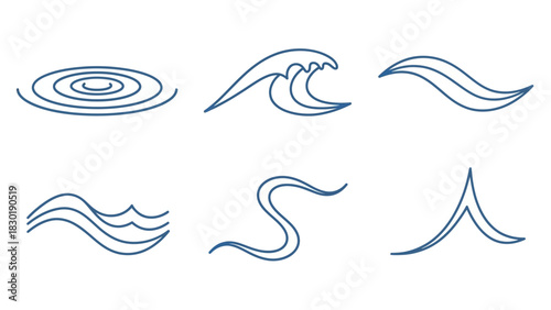 Collection of simple line art water illustrations depicting waves, ripples and abstract fluid shapes