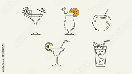 Collection of refreshing tropical drink illustrations for summer vibes and vacation themes