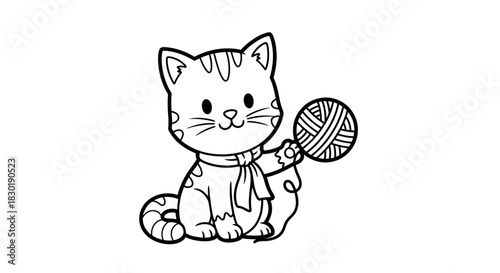 Adorable Cat with Ball of Yarn Cartoon Illustration