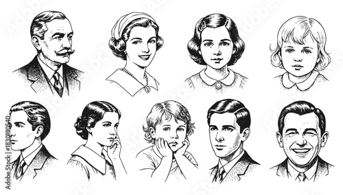 vintage vector portraits of a diverse family, including men, women, and children, rendered in an elegant engraved, pen-and-ink style. Ideal for historical, classic, or formal themes.