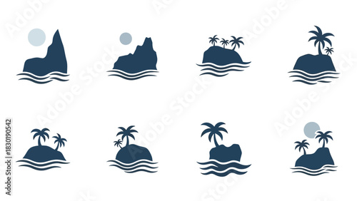 Collection of island graphics featuring palm trees, water and rock formations minimal design