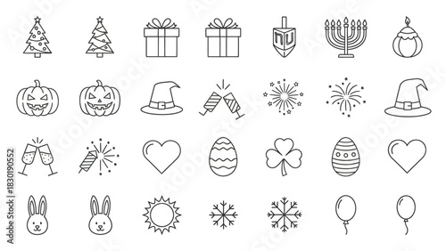 Collection of holiday symbols and celebration elements in linear vector style design