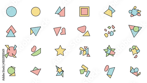 Collection of geometric shapes illustrations exhibiting pastel color palettes and black outlines