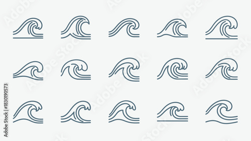 Collection of Fifteen Unique Line Art Wave Icons for Graphic Design Projects Displayed with