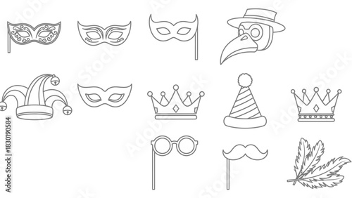Collection of festive masquerade elements, including masks, crowns, and whimsical accessories