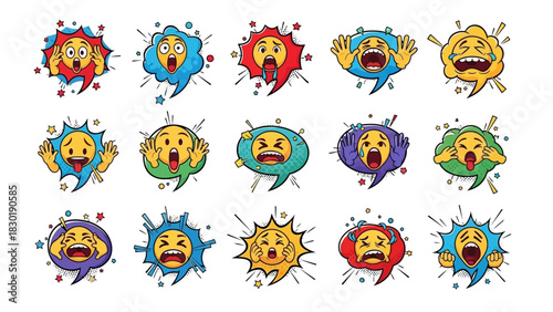 Collection of expressive emoji faces bursting from speech bubbles offering a spectrum of emotive