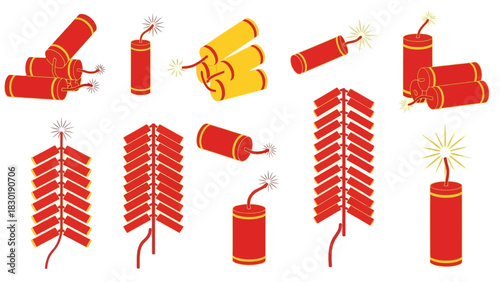 Celebration of Lunar New Year tradition with explosive firecrackers illustrations set icon